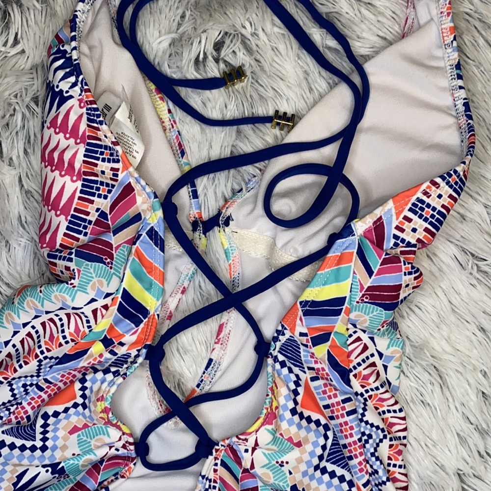 Bar III Printed Plunge Lace Up One Piece Swimsuit - Picture 4 of 6